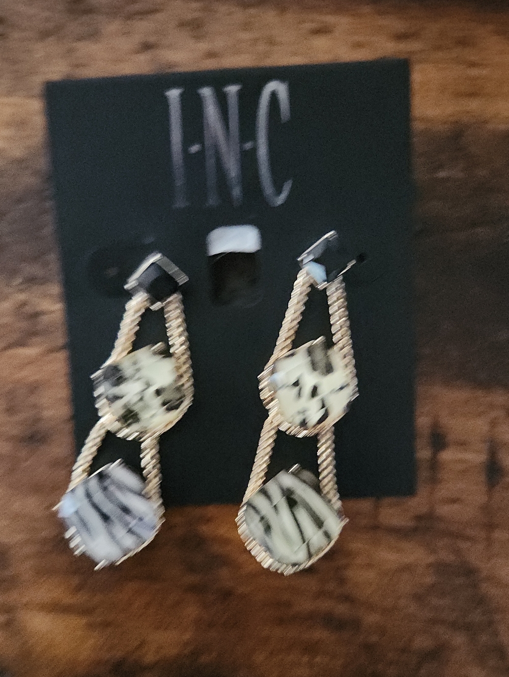 INC International Concepts Black, White & Gold Zebra Drop Earrings New